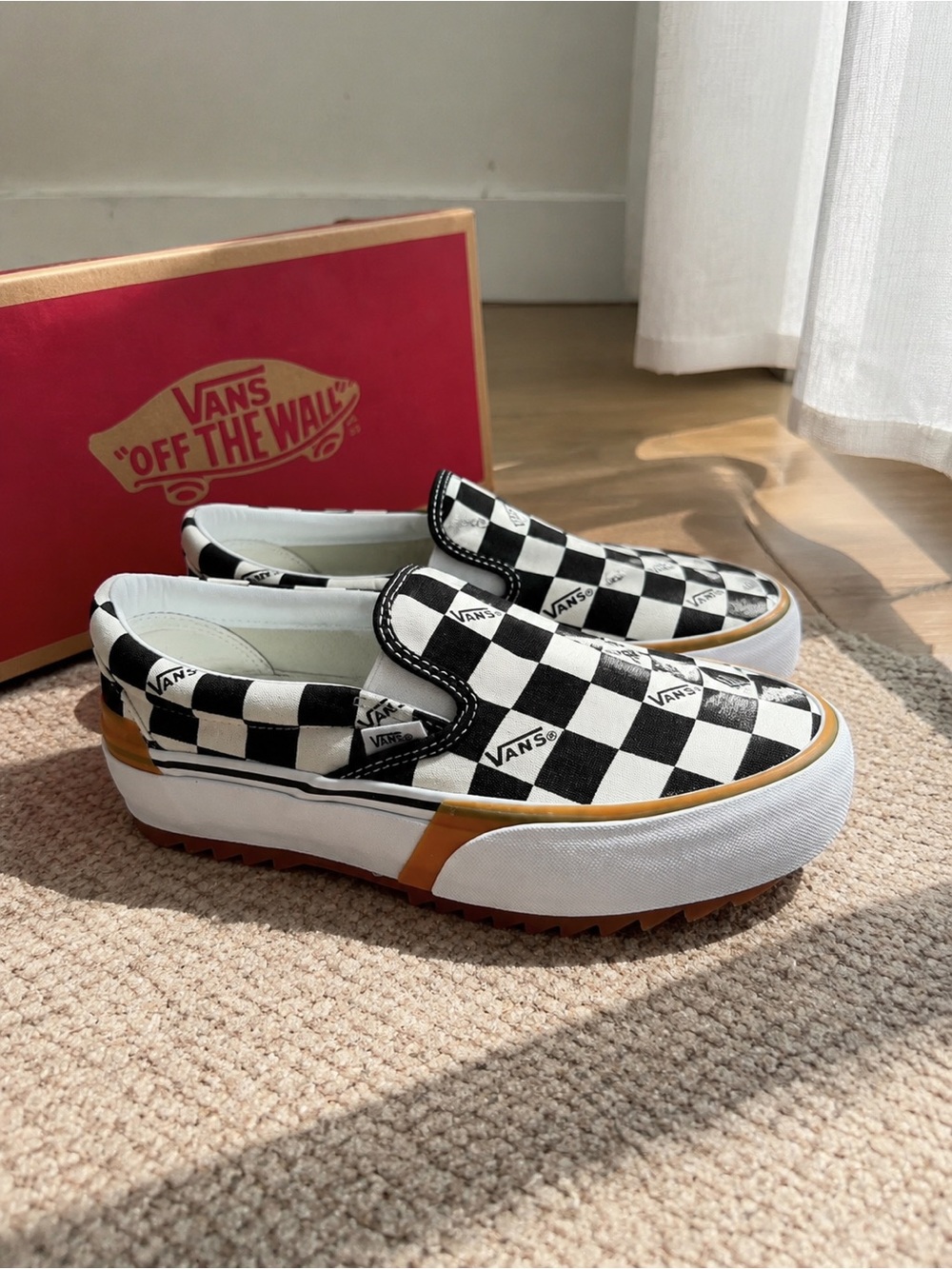 Vans Kids Checkerboard Platform Slip-On Sneakers - Black & White with Tan Accent